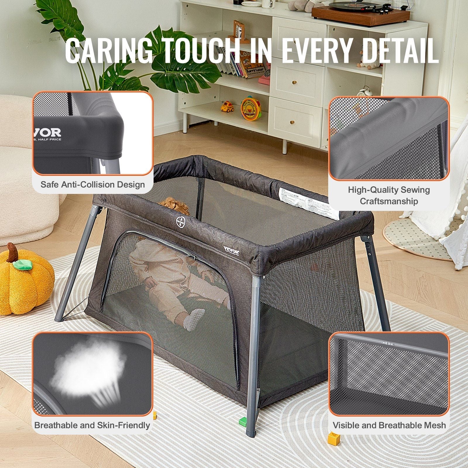 VEVOR Baby Travel Crib Play Yard Folding Baby Toddler Playpen with Zipper Gate
